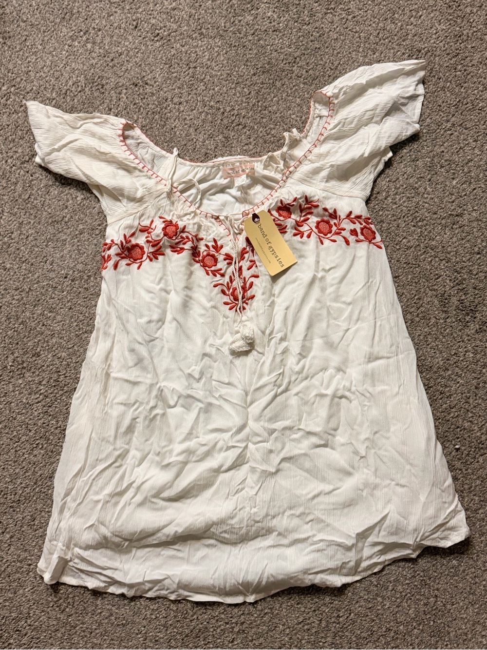Band of Gypsies White Mini Dress with Red Floral Embroidery